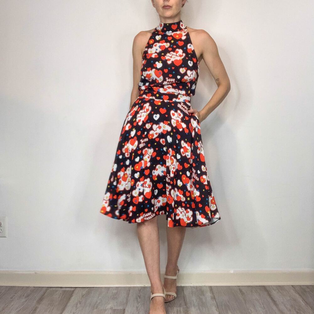 NWT LOVE MOSCHINO logo heart print dress mock neck open back fit & flare 3017